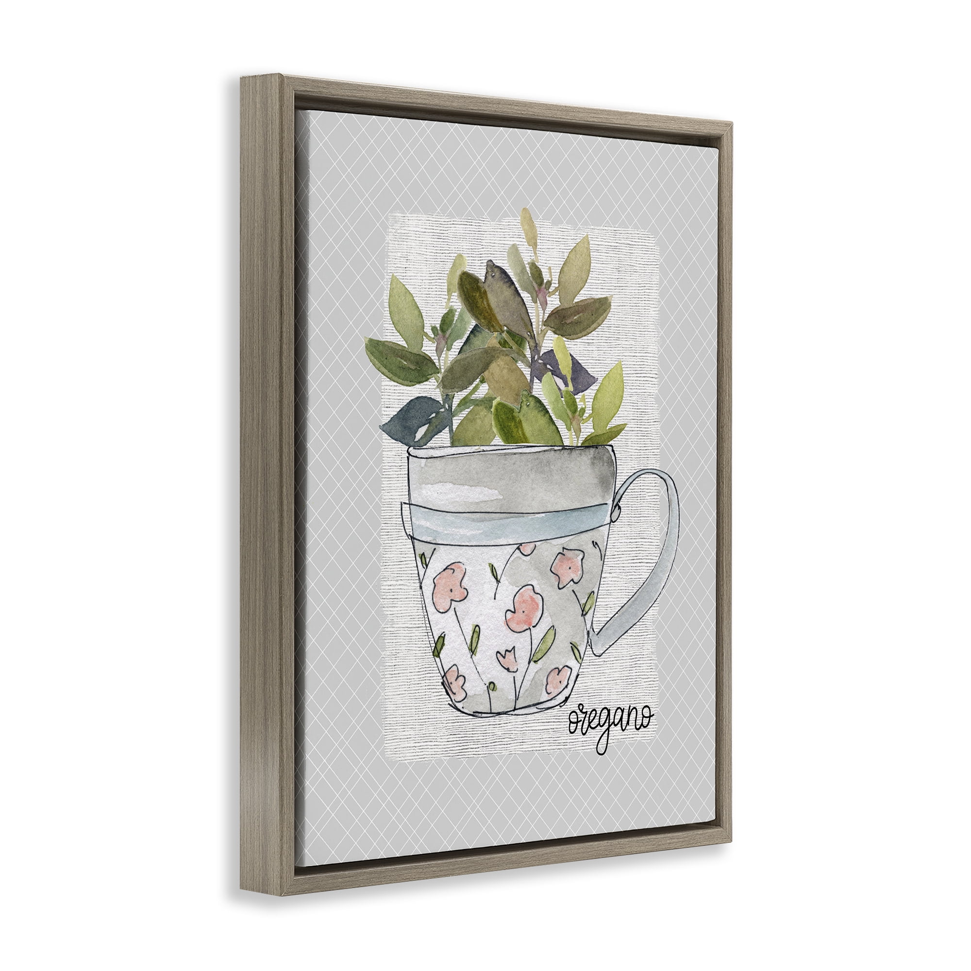 Stupell Industries Oregano Herb Mug Brown Framed Floater Canvas Wall Art, design by Livi Finn