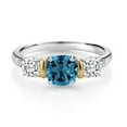 thumbnail image 2 of Gem Stone King 925 Silver and 10K Yellow Gold London Blue Topaz White Moissanite and Diamond 3-Stone Women Ring (1.84 Cttw, Cushion 6MM and 4MM, Gemstone Birthstone (Size 7), 2 of 3