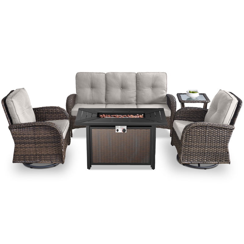 Patio Fire Pit Furniture Set 5-Piece Outdoor Wicker Furniture Set with 43" Propane Gas Fire Pit Table Outdoor Conversation Sofa Set with Swivel Rocking Chairs and Side Table, Beige Cushions