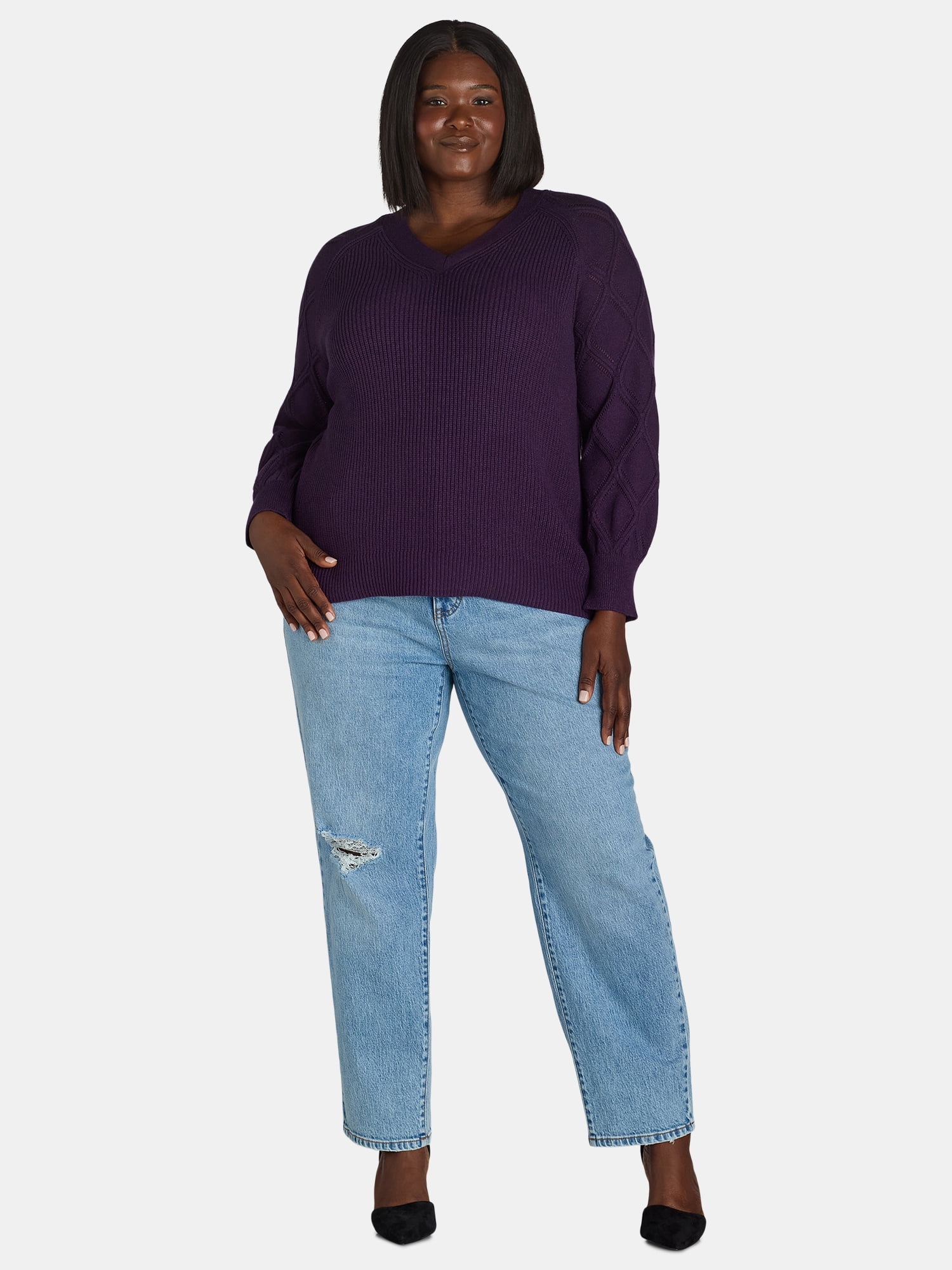 Terra & Sky Women's Plus V-Neck Pointelle Knit Sweater, Midweight, Sizes 1X-5X