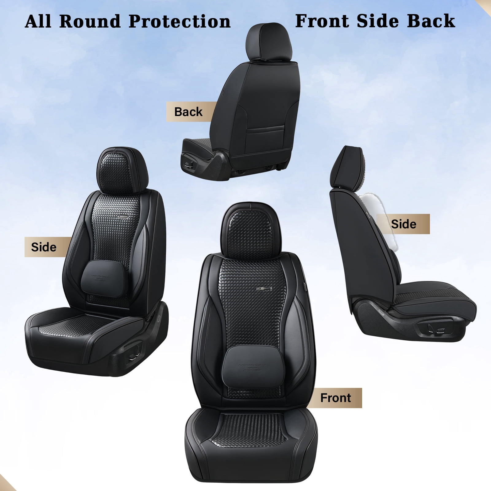 Coverado Waterproof Seat Covers For Cars, High-grade Leather Front Seat Protectors with Lumbar Support, Auto Cushions Universal Fit for Most Cars SUV Trucks, Black