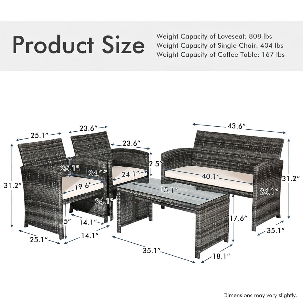 Hommoo 4-Piece Outdoor Rattan Patio Furniture Set, Loveseat + 2 Single Sofas + Tempered Glass Coffee Table for Backyard, Balcony & Garden, White