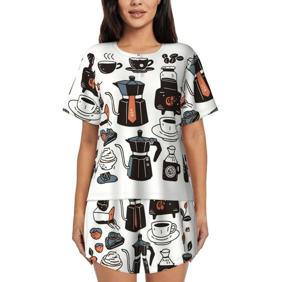 Drip Coffee Maker Pattern Womens Pajamas Short Set Soft Short Sleeve Sleepwear Button Down Pjs Set with Pockets S XXL Small