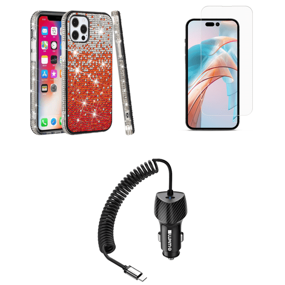 Bemz Sparkling Case for iPhone 15 Plus, Diamond Glitter Gem Bling Hybrid Protector Cute Women Girls Cover, Glass Screen Protector, 40W Car Charger (USB-C Port) - 5 Foot (Red Silver Wave)