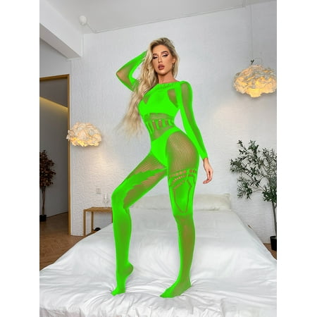 Generic Sexy Lingerie Sexy Siamese Stockings Long Sleeve See-through Hollow-out Tight Fishnet Clothes Sexy Sleepwear