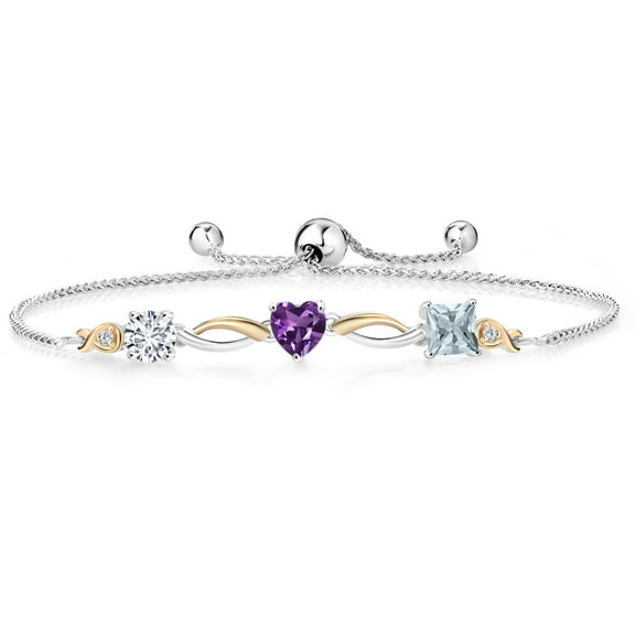 Gem Stone King 925 Silver and 10K Yellow Gold Purple Amethyst Sky Blue Aquamarine and Lab Grown Diamond Tennis Bracelet for Women By Keren Hanan (1.80 cttw, Adjustable up To 9 inch)