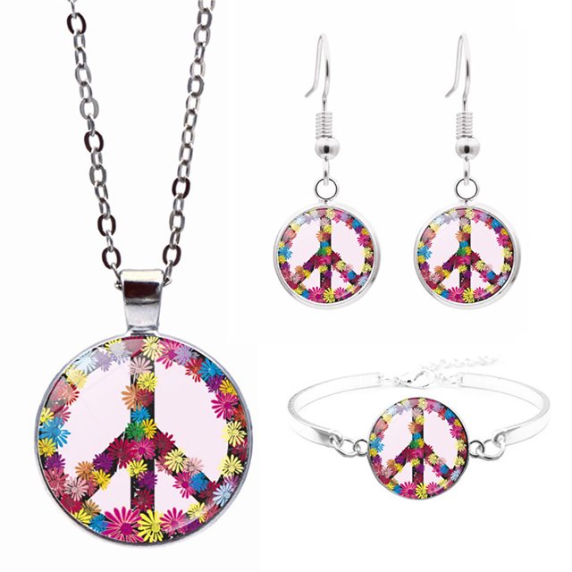 Conjunto de joyas con signo de la paz, collar de clavícula de cristal, pulsera con dijes, pendientes colgantes