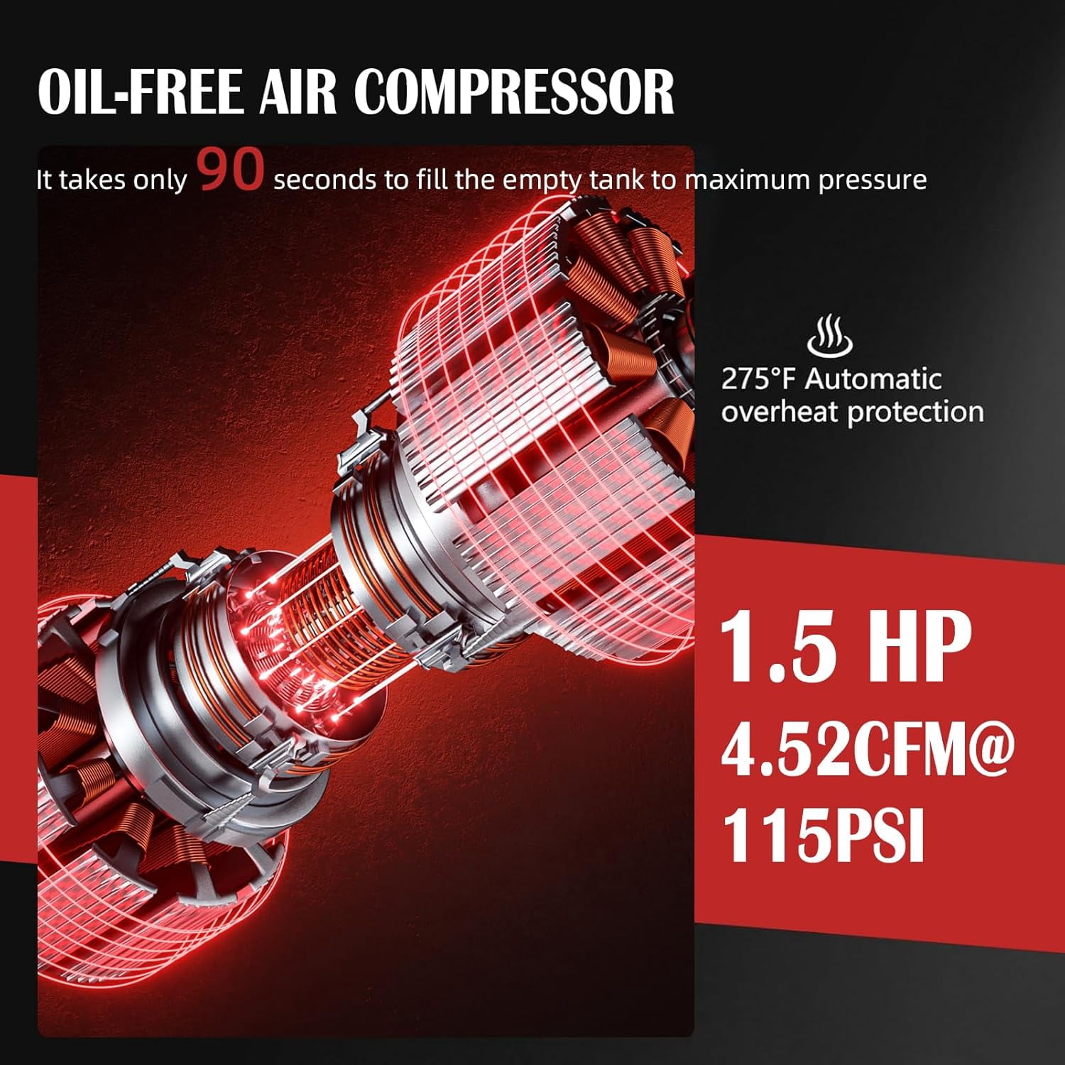 8 Gallon Ultra Quiet Oil-Free Air Compressor, 1.5HP 4.52 CFM 115 PSI, 70dB 110V Portable Air Compressor for Car Repair, Spray Painting, Woodwork Nailing