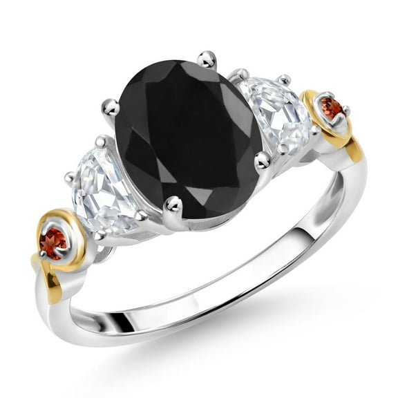 Gem Stone King 925 Silver and 10K Yellow Gold 3-Stone Ring Oval Black Sapphire and Moissanite (3.03 Cttw, Size 8)