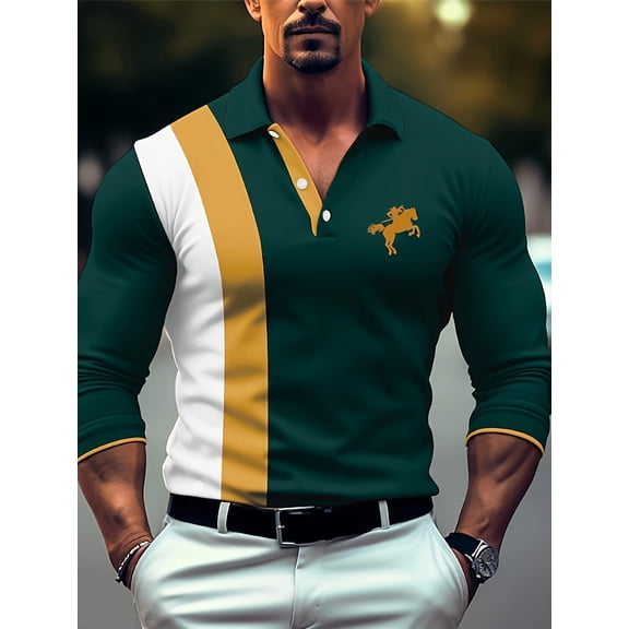 Men's Elegant Long Sleeve Polo Shirt Casual Botton Polo Shirt Classic Collared Golf Shirt Green 3XL