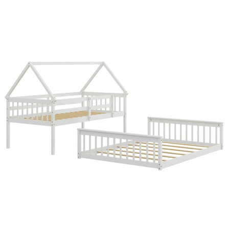 Infans Twin Over Full House Bunk Bed with Ladder & Guardrails Convertible to 2 Beds