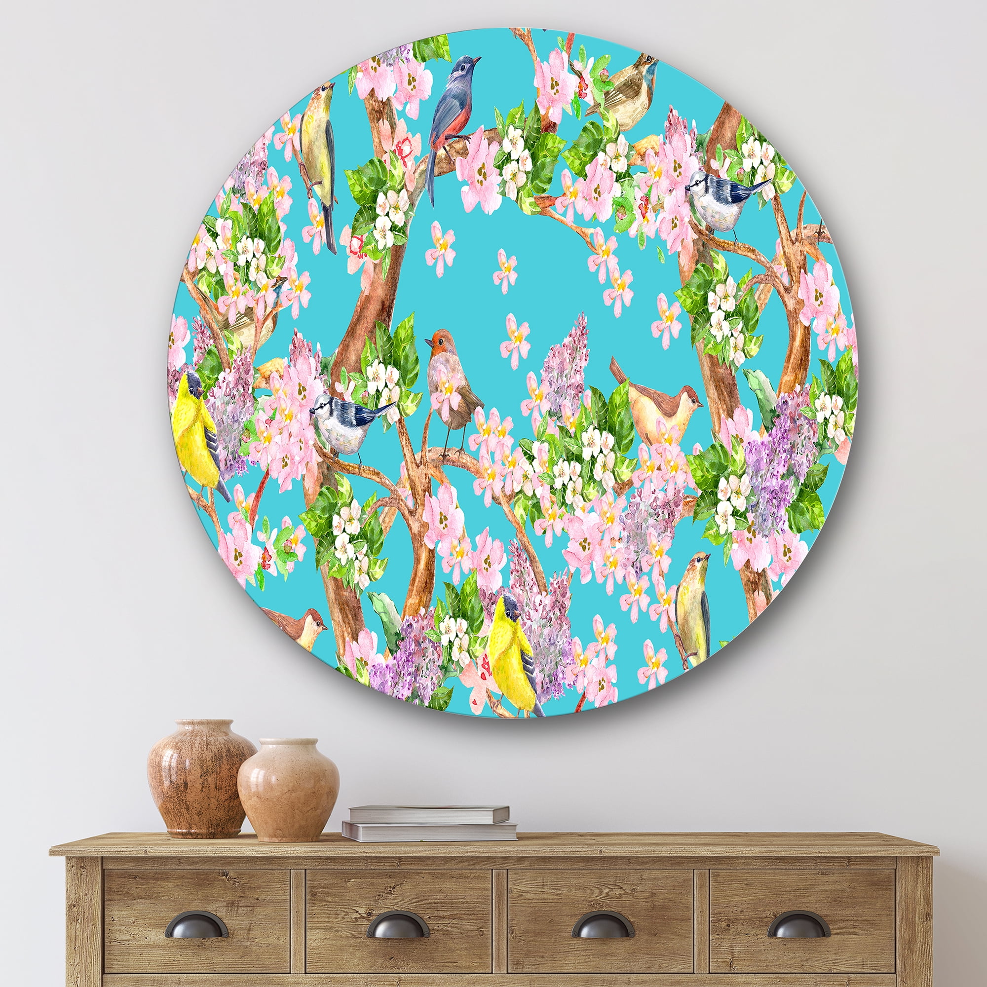 Designart 'Little Birds Sitting On Spring Flow Tree' Traditional Circle Metal Wall Art 36x36 - Disc of 36