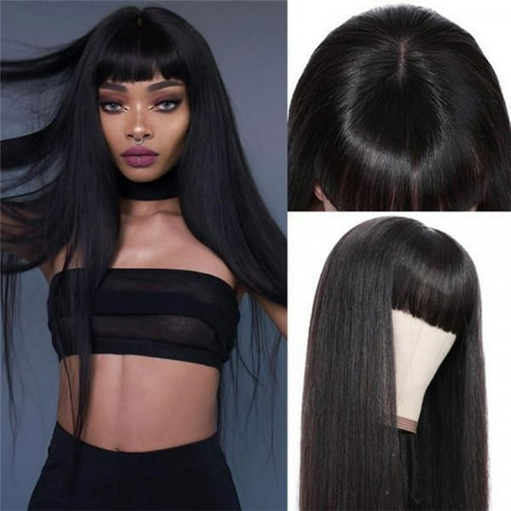 KeirineCC Black Wig with Bangs - Natural Black Wigs for Women, Long Straight Wavy Synthetic Hair, Layered Realistic Heat Resistant Wig, Best for Halloween/Christmas/Cosplay/Party