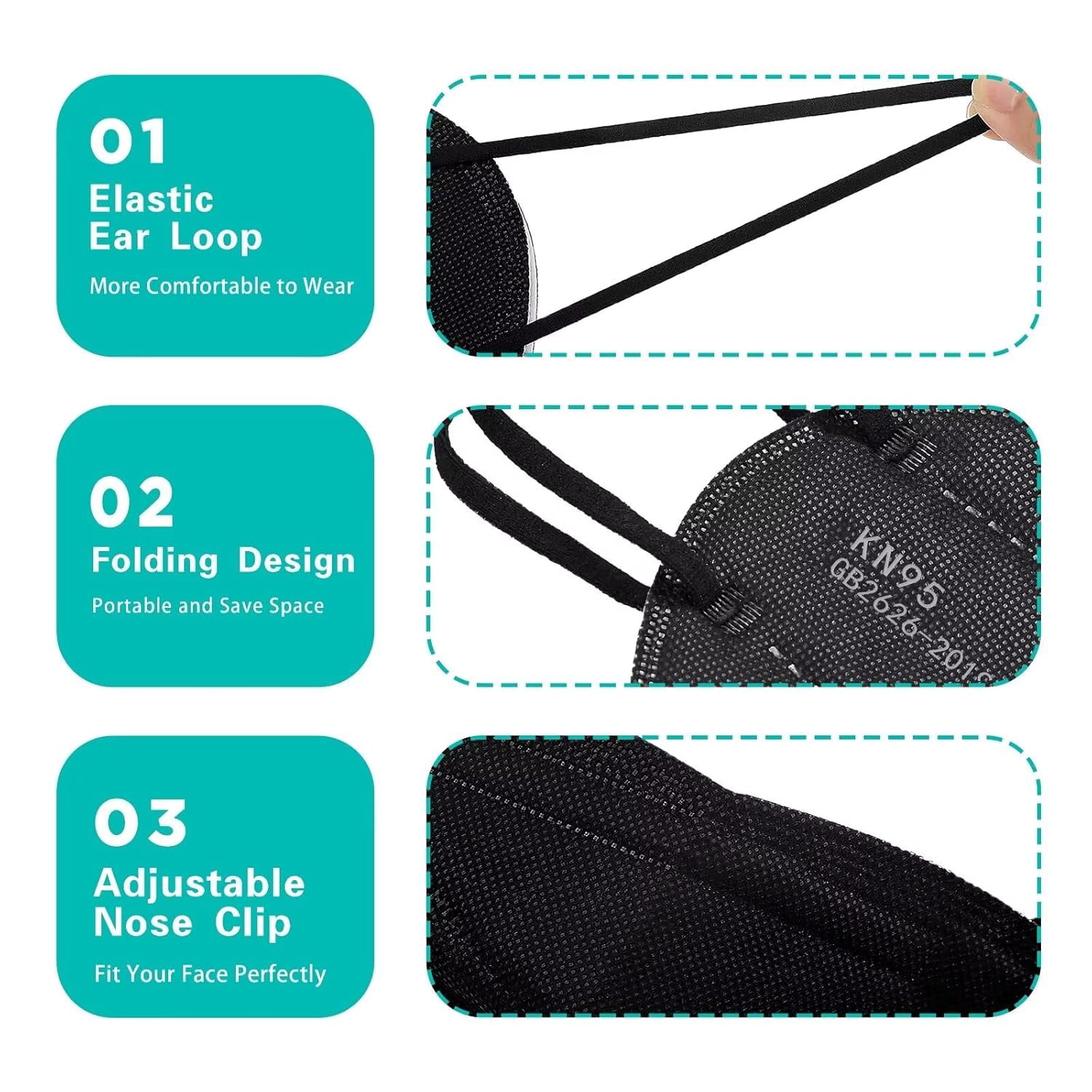 50pcs KN95 Face Mask Black 5 Layer Cup Dust Safety Masks Filter Efficiency≥95% Breathable Elastic Ear Loops Black Masks
