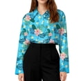 thumbnail image 5 of Minjewel Women's Casual Hawaiian Print Button Down Shirt Long Sleeve with Collar Floral Design Top for Spring Summer Fashion Beach Party Outfit,Blue,S, 5 of 6