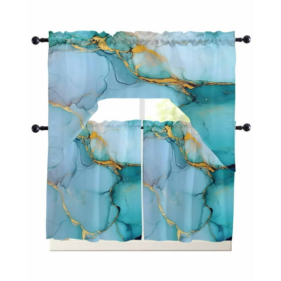 Teal Marble Kitchen Curtains Swag Valance and Tier Curtains Set 24 Inch Length, Modern Ink Painting Luxury Modern Art Rod Pocket Drape Panels Pair Swag Curtain for Bathroom/Cafe/Window