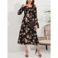 thumbnail image 3 of Liacowi Women Vintage Long Dress Elegant Flower Print U Neck Long Sleeve Dress Boho Flowy Tie Up Loose Fit Beach Dress, 3 of 8
