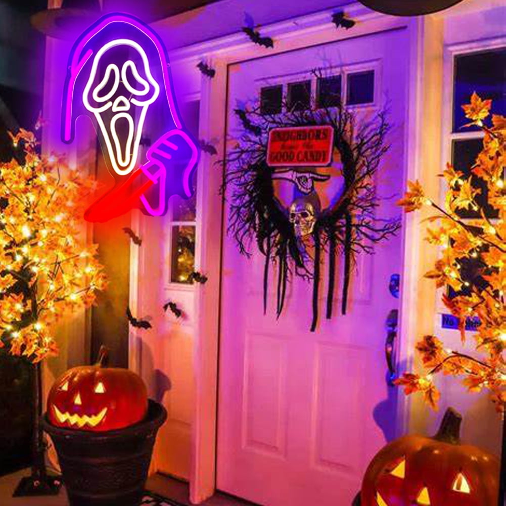 Ghost Face Neon Sign,Halloween Horror Skull Light up Sign for Bedroom Game Mancave Living Room Bar Party Gift