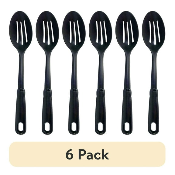 (6 pack) Slotted Plastic Straining Spoon, Soft-Grip Black Handle, Nylon Head