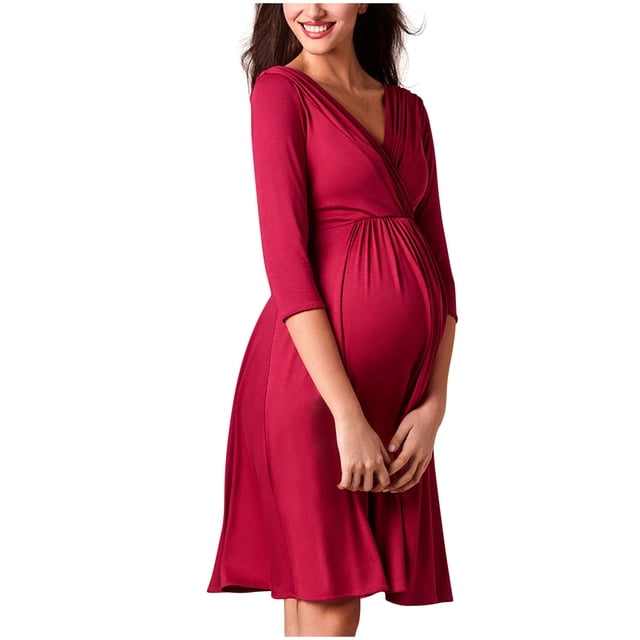 Diufon Robe de Maternité pour Femme Grande Taille Manches 3/4 Col en V Plissée Robes Robe Grossesse Allaitement Robe de Fête