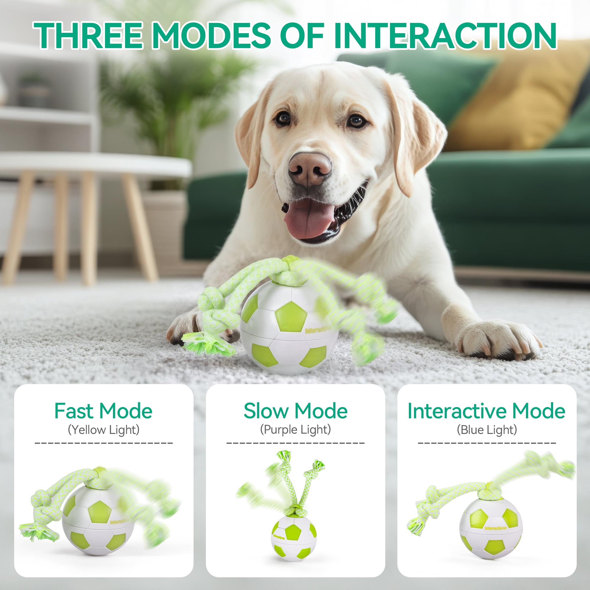 All For Paws Interactive Dog Ball Toy with LED Lights, Motion Activated Rolling Ball Toy with Rope, USB Rechargeable Moving Dog Ball Toys, Soccer Ball