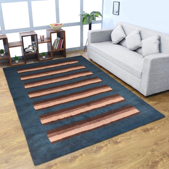 Rugsotic Carpets Handmade Rugs Hand Knotted Loom Rectangle 8'x10' Blue Brown Silk Mix for Indoor Use