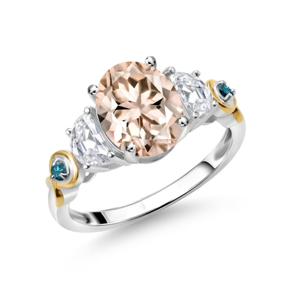 Gem Stone King 925 Silver and 10K Yellow Gold 3-Stone Ring Oval Peach Morganite and Moissanite (2.11 Cttw, Size 5)
