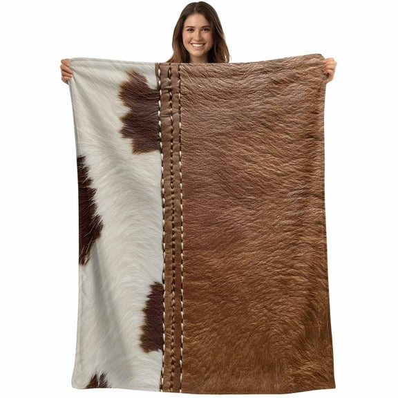 Flannel Fleece Throw Blanket Western Cow Leather Texture Lightweight Soft Plush Blankets,Abstract Brown White Cow Print Cozy Warm Throw Blanket for Couch Sofa Bed Car Office 40x50in