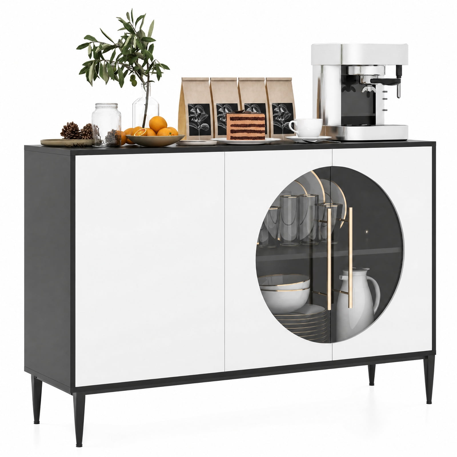 Furnibear Sideboard Cabinet with Tempered Glass Door for Living Room Dining Room Kitchen for Kitchen Dining Living Room Buffet Storage Server, White