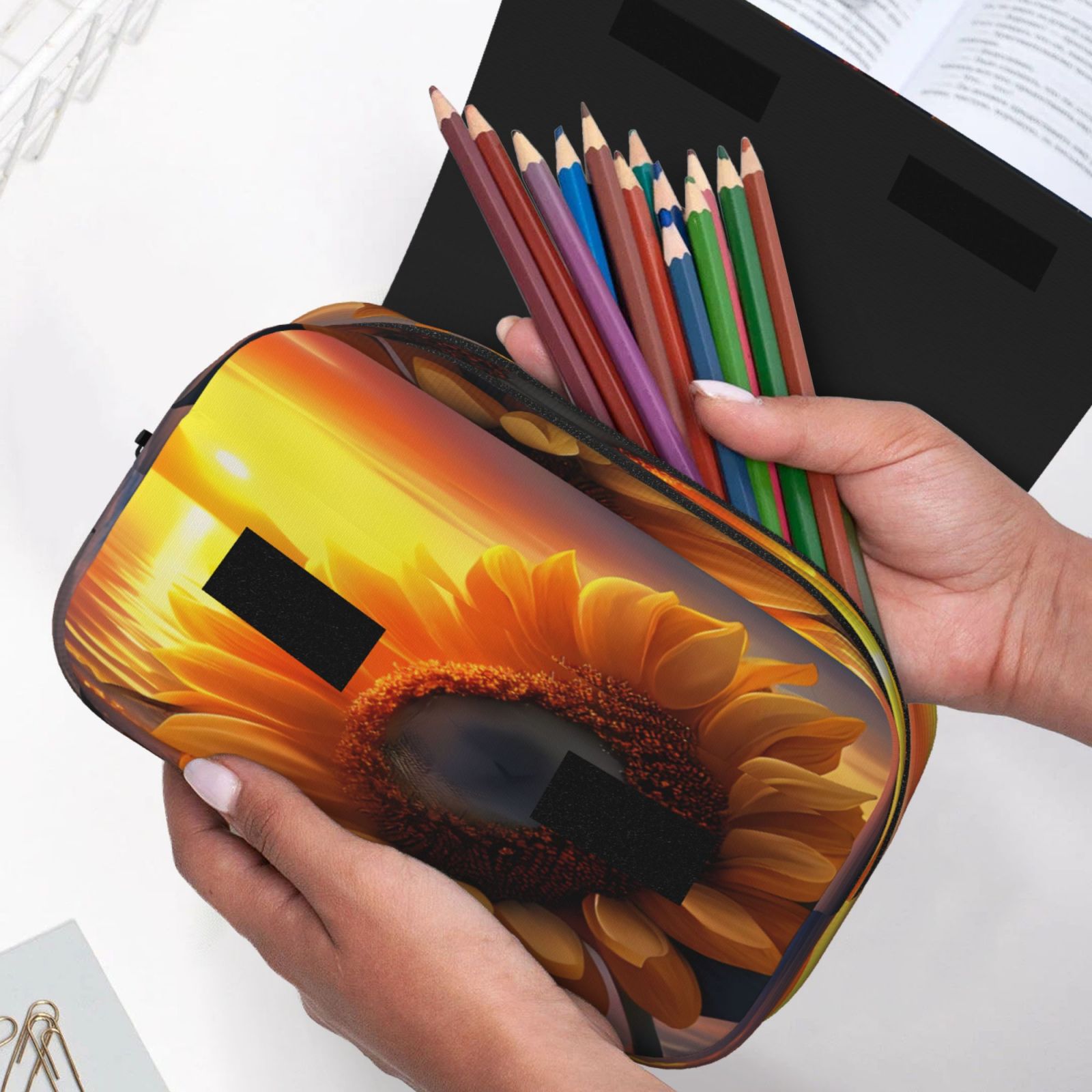 Rateoe Sunset Coast Sunflower Pattern Double Clamshell Pen Case, Storage Organizer with Two Zipper Compartments– Holds Up to 50 Pencils & Pens