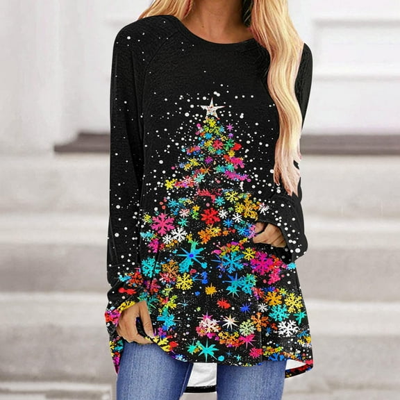 GuzomFashion Womens Christmas Tree & Snowflake Print Long Sleeve Top - 95% Polyester 5% Spandex, Multicolor, Loose Fit Tunic, S-XXXL, Festive Holiday Casual Shirt,Size XL