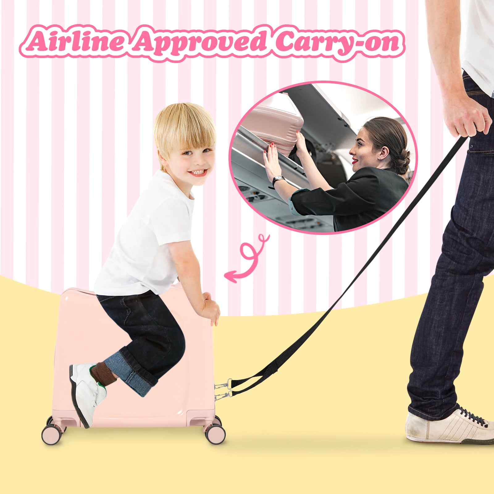 20 Inch Kids Ride-On Luggage with Spinner Wheels, Hard Shell Carry-On Suitcase with Strap, Pink