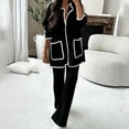 thumbnail image 2 of Two Piece Outfits Women Button Down Cardigan Wide Leg Pants Sets Sweater Knit Loungewear Block Color Lounge Suits (Black L), 2 of 2