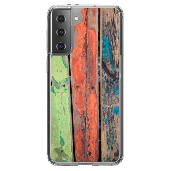 DistinctInk Clear Shockproof Hybrid Case for Galaxy S21 5G (6.2" Screen) - TPU Bumper, Acrylic Back, Tempered Glass Screen Protector - Rough Painted Wood Print - Printed Wood Grain Image