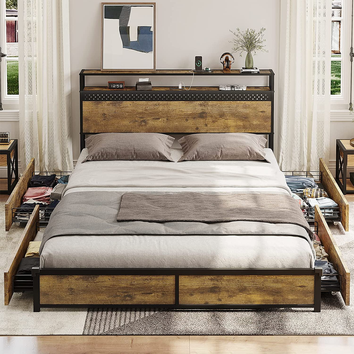 Queen Size Bed with Headboard and Storage Drawers,Metal Platform Bed