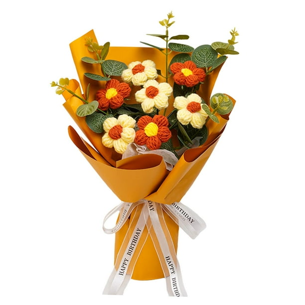 Ramo de flores de crochet ya hecho, flores de punto, adorno de regalo para el Día de la Madre, ramo tejido para aniversario, estante de Acción de Grac Amarillo