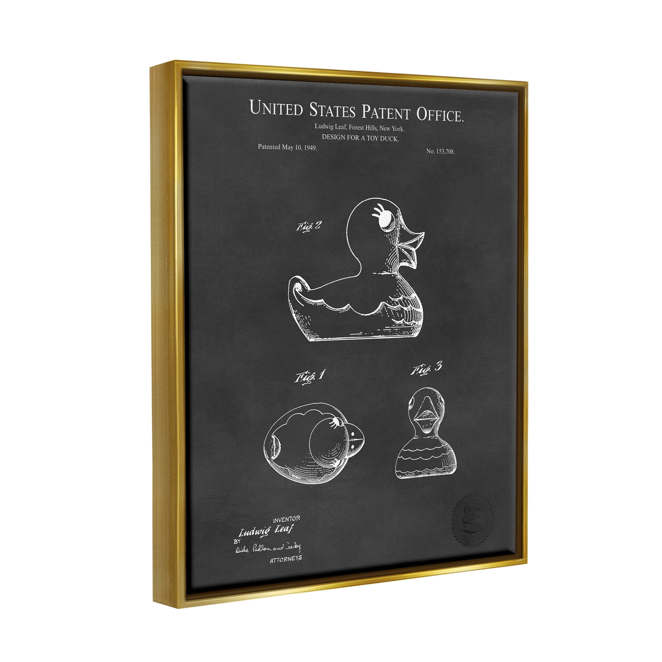 Stupell Industries Retro Duck Toy Blueprint Graphic Art Metallic Gold Floating Framed Canvas Print Wall Art, Design by Karl Hronek