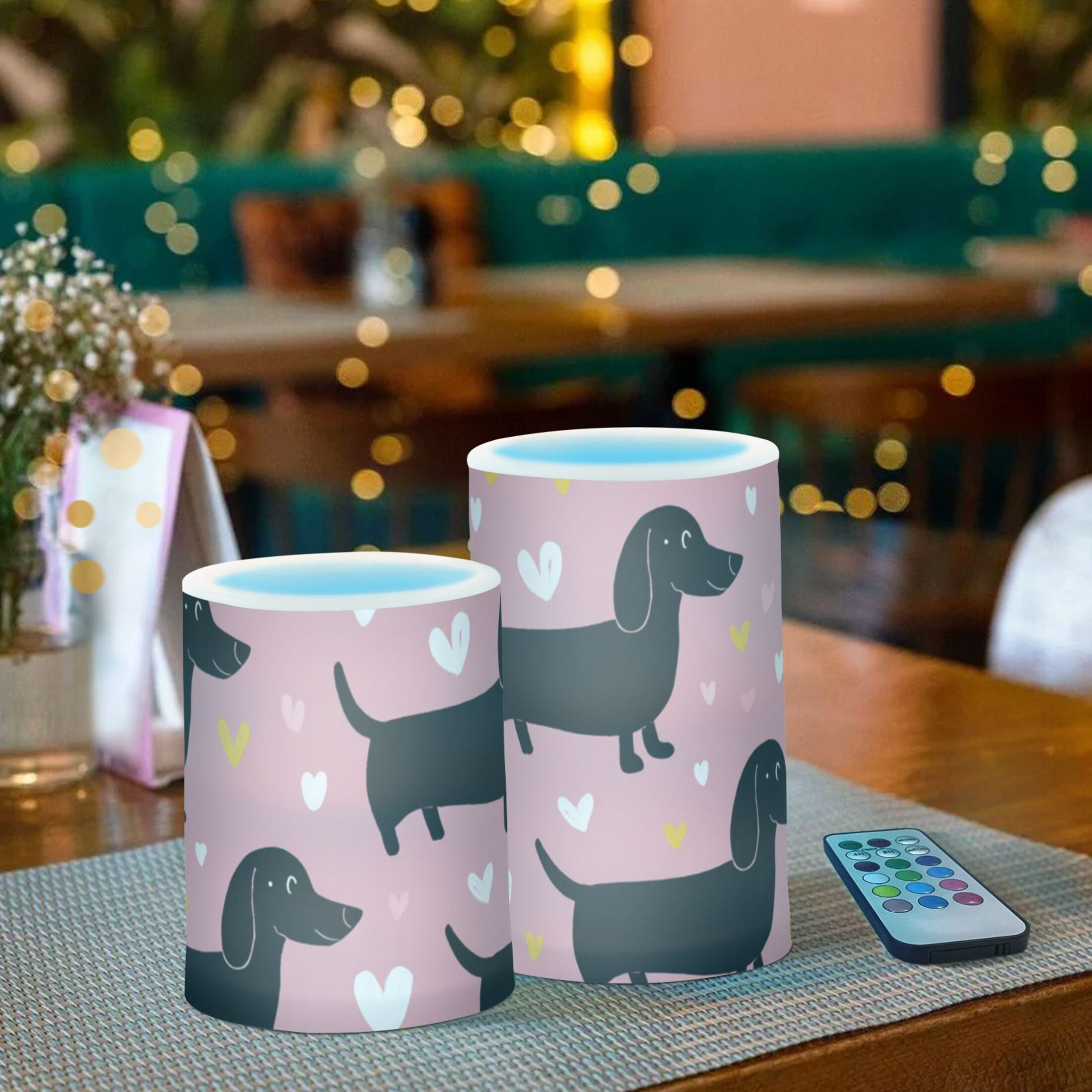 Valentine Dachshund Dogs Cute Hearts Flickering Flameless Candles LED Tealight Battery Operated with Remote Set of 2 Holiday Decor Ornaments