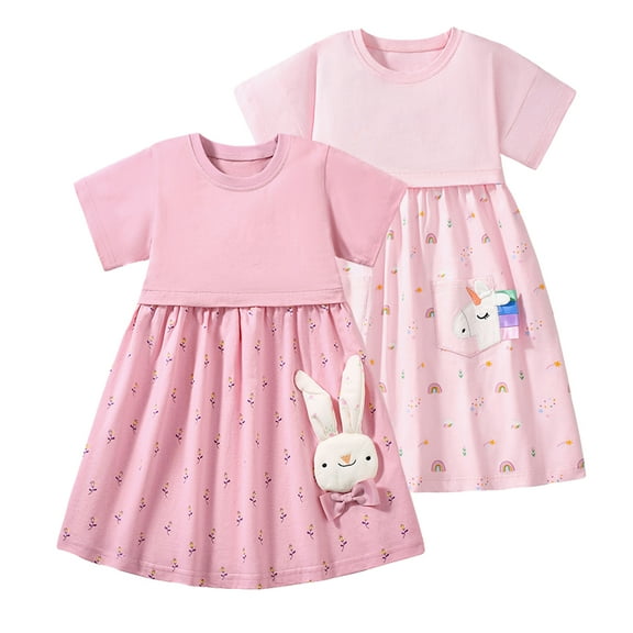 Emy Dola Toddler Girls Cotton Casual Dress 3D Bunny Applique Short Sleeve Dresses Girls Summer Easter Sundress 2-7 Years