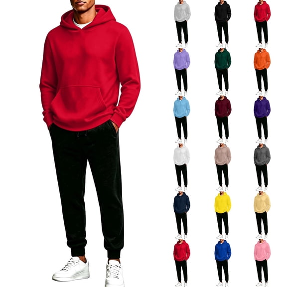 PNTUTB Fall Winter Men's Two Piece Set Hooded Sweatshirt and Drawstring Joggers Pockets Solid Color Casual Comfort Sporty Trendy Tracksuit
