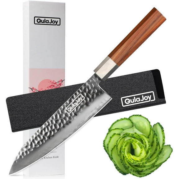 Qulajoy Chef Knife 8 Inch - Hammered Japanese Kitchen Knife 9cr18mov Mirror Polishing Hand Forged Blade - Ergonomic Olivewood Handle with Sheath