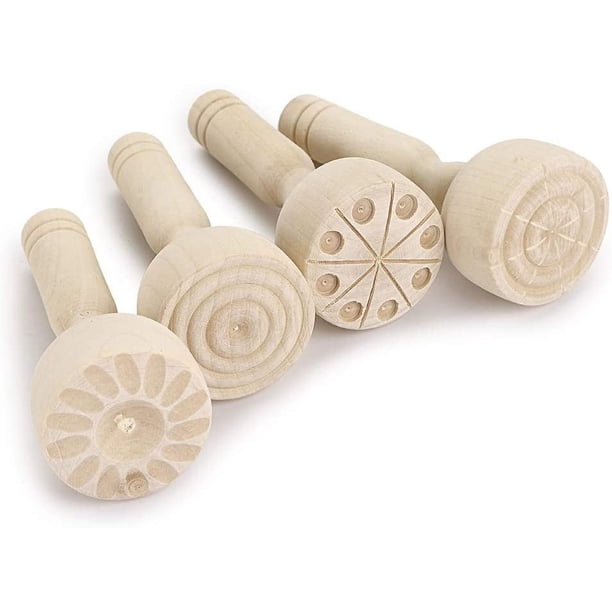 Juego de sellos de madera para arcilla, sellos de madera para plastilina, herramientas de cerámica con mango de madera, sellos con mango de madera, juego de 4 kits de patrones para modelar