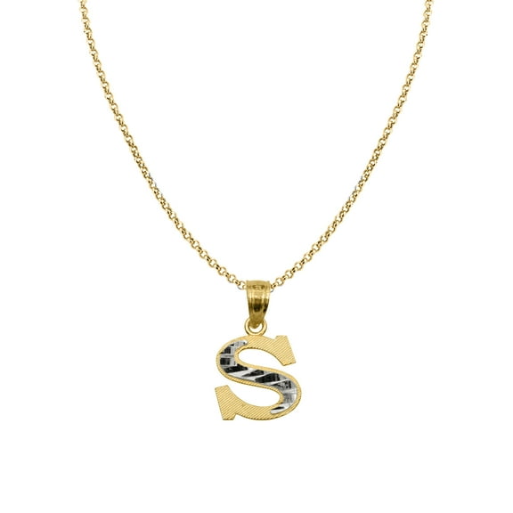 Genuine 14k Two-tone Gold 0.59" Diamond-cut Initial Letter S Necklace 16", 18", 20", 22" Trendy Charm Initial Necklaces for Women
