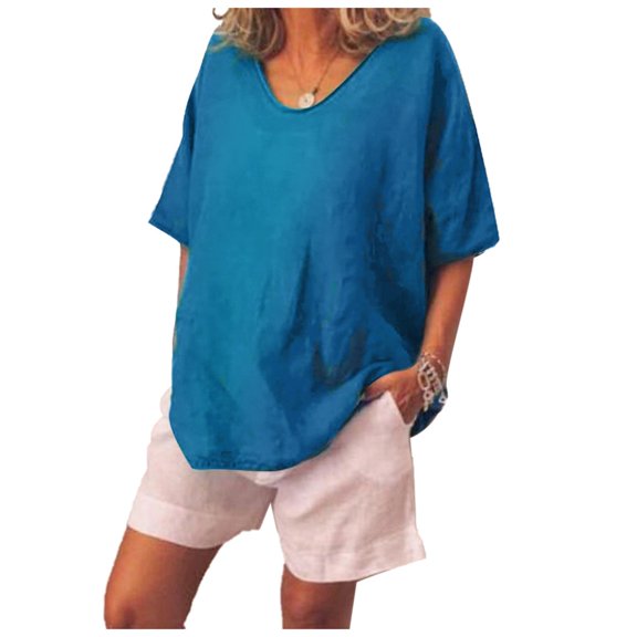 DuoJiaJ Women Casual Summer Solid O-Neck Short Sleeves Plus Size Top T-Shirt Blouse Women’s Lace Trim Casual Blouses Blue