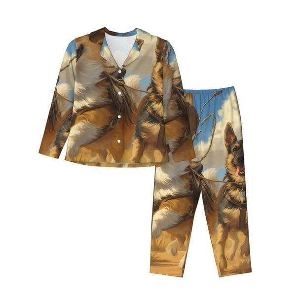 Balery Farm Corgi German Shepherd Conjunto de Pijama con Estampado para Mujer, Conjunto de Dos Piezas con Manga Larga, Ropa de Dormir Suave con Bolsillos, Pijamas Cómodos-Medium