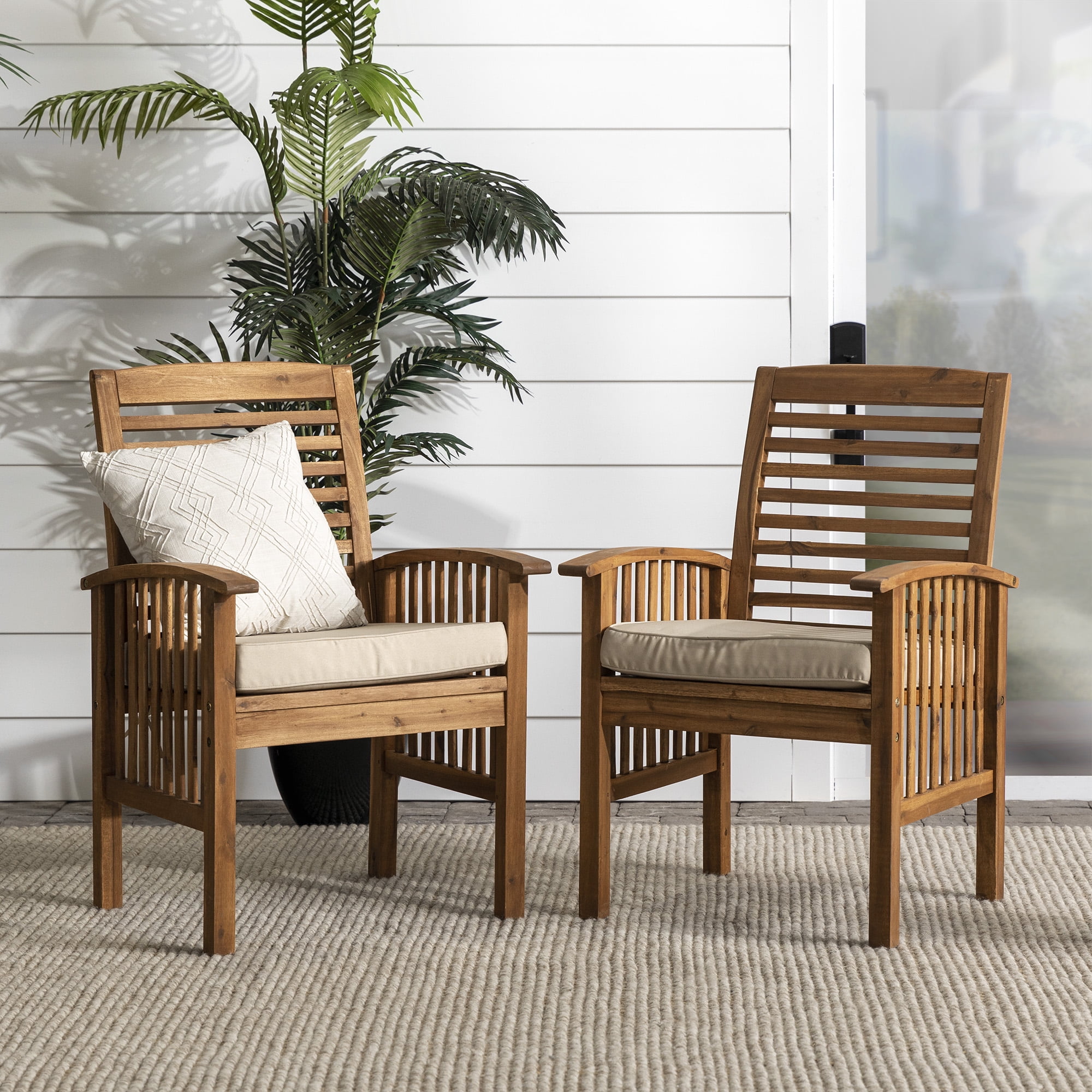 Walker Edison Outdoor Dining Chair - Acacia Wood - Set of 2 - Cushioned - Beige and Brown