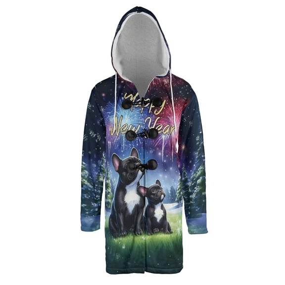 Happy New Year French Bulldog Family Cheer Winter Midnight Firework All Over Print 3D Hooded Duffle Toggle Coat Dog Lover Gifts - 02025