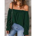 thumbnail image 2 of Women'S Off Shoulder Top Ruffle Long Sleeve Chiffon Blouse Casual Loose Shirts Green XL, 2 of 6