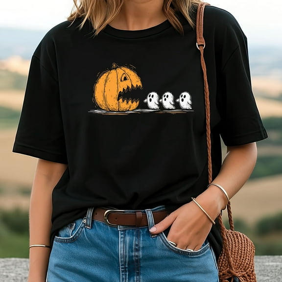 Halloween Pumpkin Eat Ghost T-Shirt – Funny Gamer Tee, Pac-Man Inspired Spooky Shirt for Men & Women