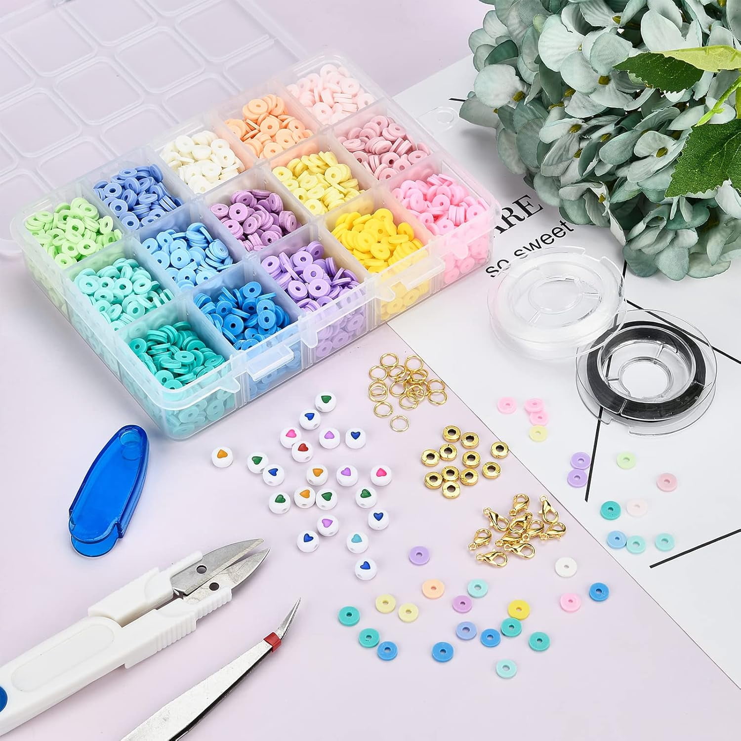 4350 Pcs Polymer Clay Bracelets Kit 15 Colors 6mm Clay Beads 30 Pcs Metal Spacer 50 Pcs Heart Beads 2 Rolls Elastic Thread 20 Pcs Clasps 50 Pcs Jump Rings 2 Pcs Tools for Jewelry Making Multi-color